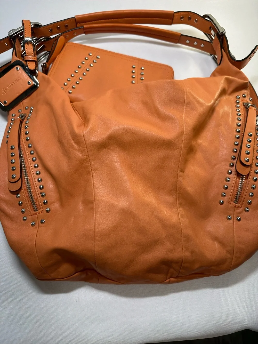 B. Makowsky Peach Leather Studded Hobo Bag Zip Wallet Set Leopard Lining Y2K⁠